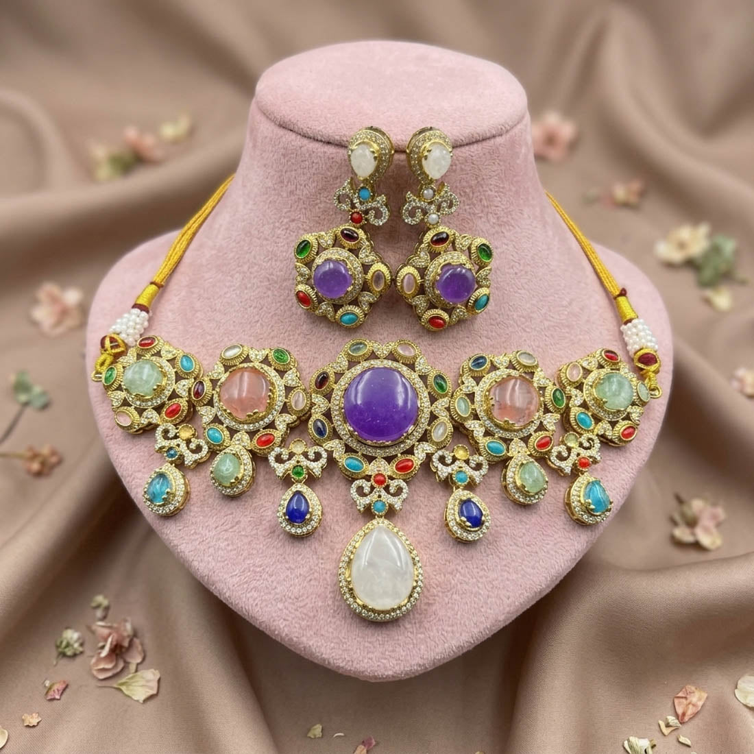 Royal Heritage Multi Color Sabyasachi Inspired Russian Stone Necklace Set For Brides