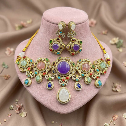 Royal Heritage Multi Color Sabyasachi Inspired Russian Stone Necklace Set For Brides