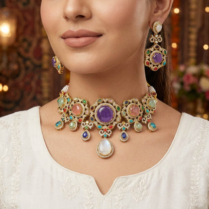 Royal Heritage Multi Color Sabyasachi Inspired Russian Stone Necklace Set For Brides