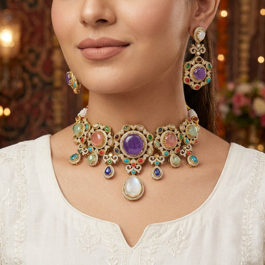 Royal Heritage Multi Color Sabyasachi Inspired Russian Stone Necklace Set For Brides
