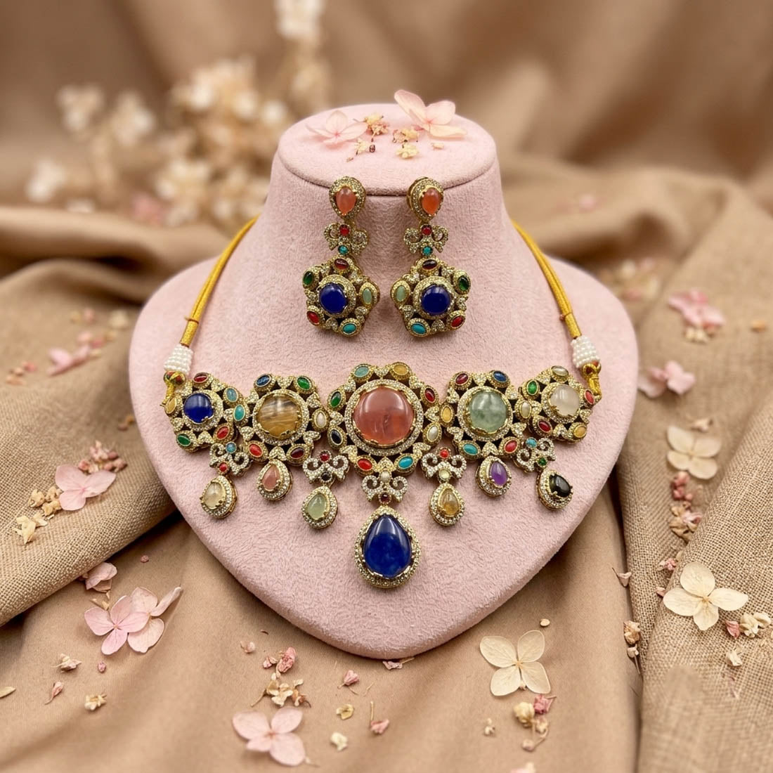 Opulent Festive Multi Color Sabyasachi Inspired Russian Stone Necklace Set For Functions
