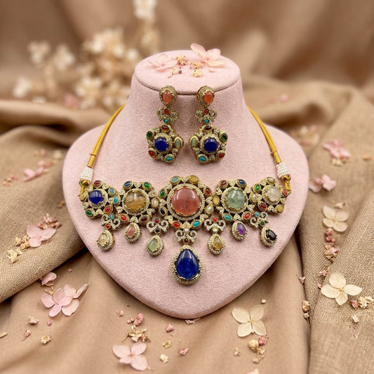 Opulent Festive Multi Color Sabyasachi Inspired Russian Stone Necklace Set For Functions