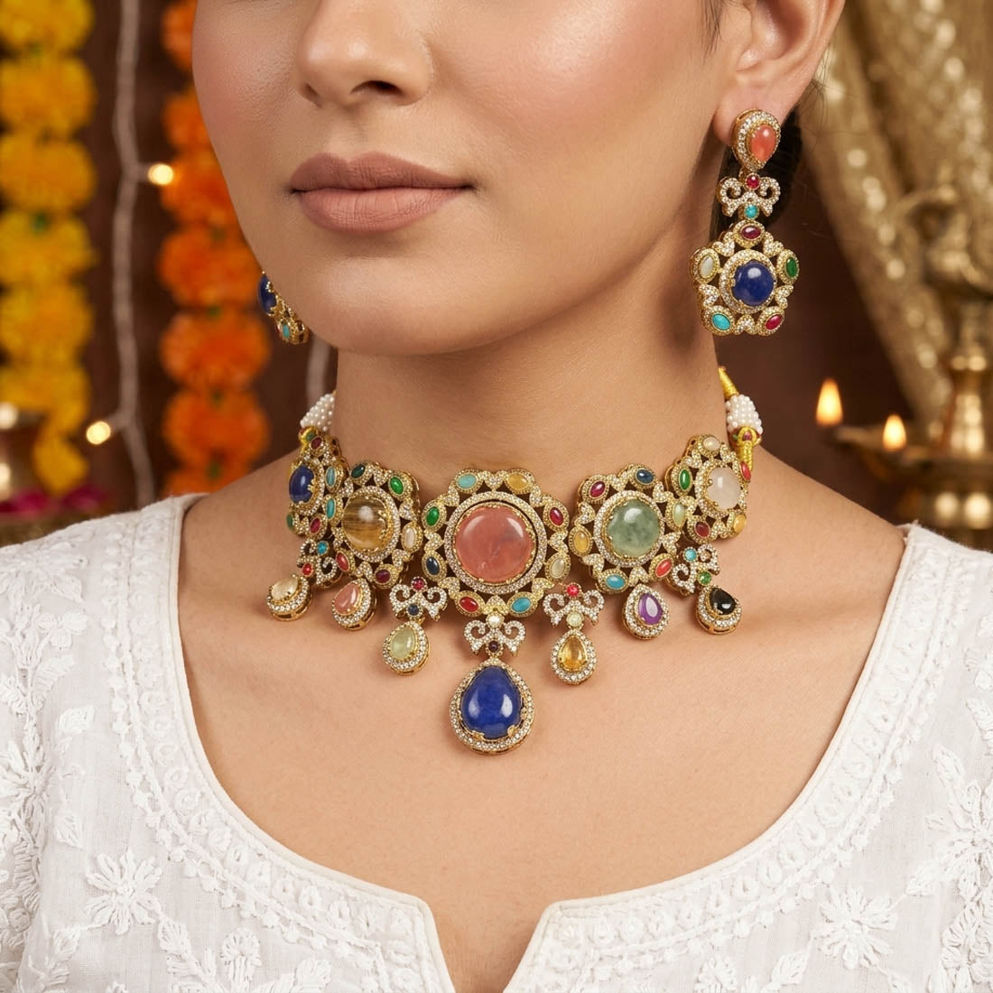 Opulent Festive Multi Color Sabyasachi Inspired Russian Stone Necklace Set For Functions