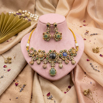 Exquisite Designer Multi Color Sabyasachi Inspired Russian Stone Necklace Set For Receptions