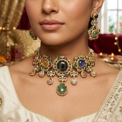 Exquisite Designer Multi Color Sabyasachi Inspired Russian Stone Necklace Set For Receptions