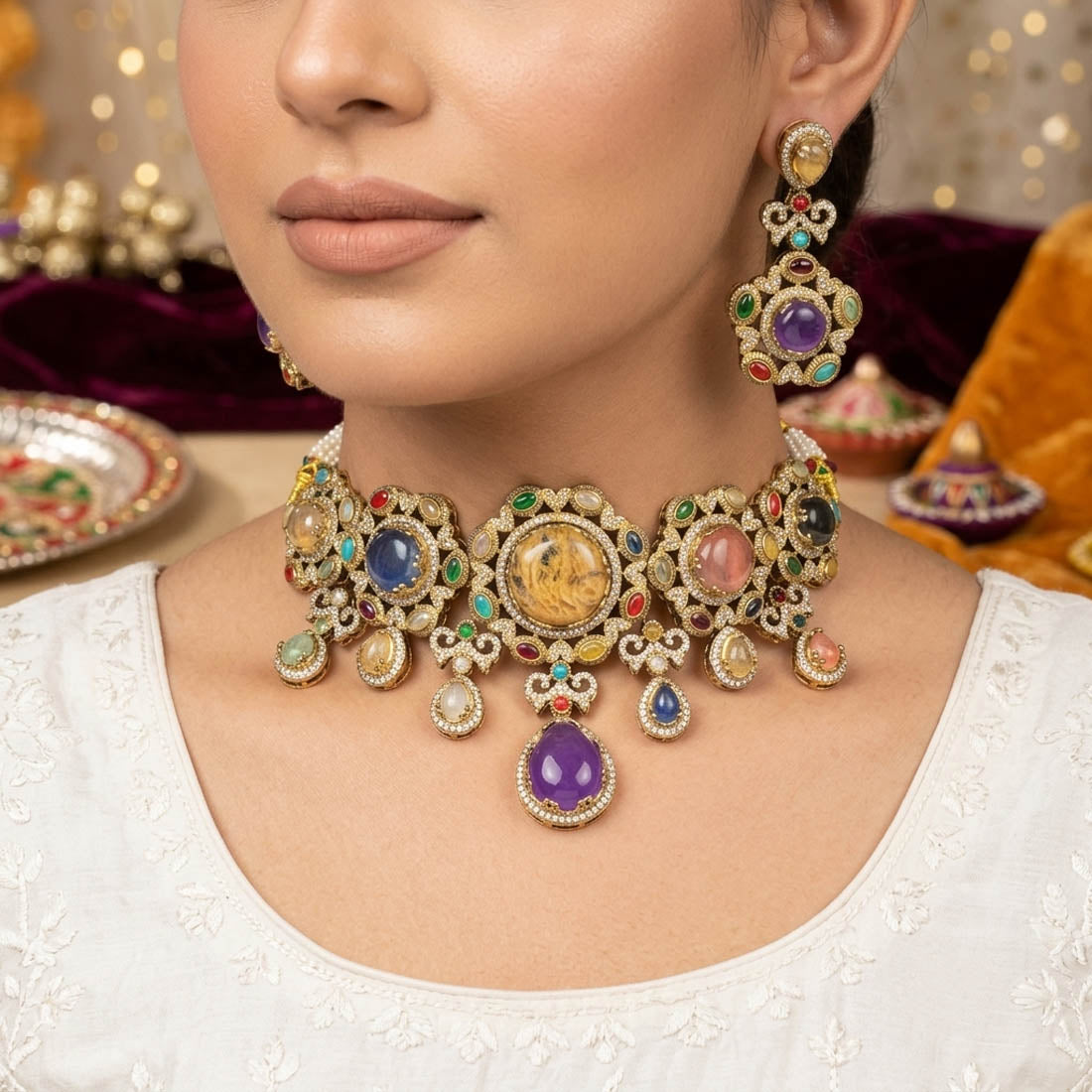 Grand Statement Multi Color Sabyasachi Inspired Russian Stone Necklace Set For Weddings