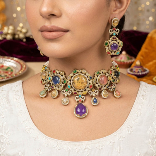 Grand Statement Multi Color Sabyasachi Inspired Russian Stone Necklace Set For Weddings