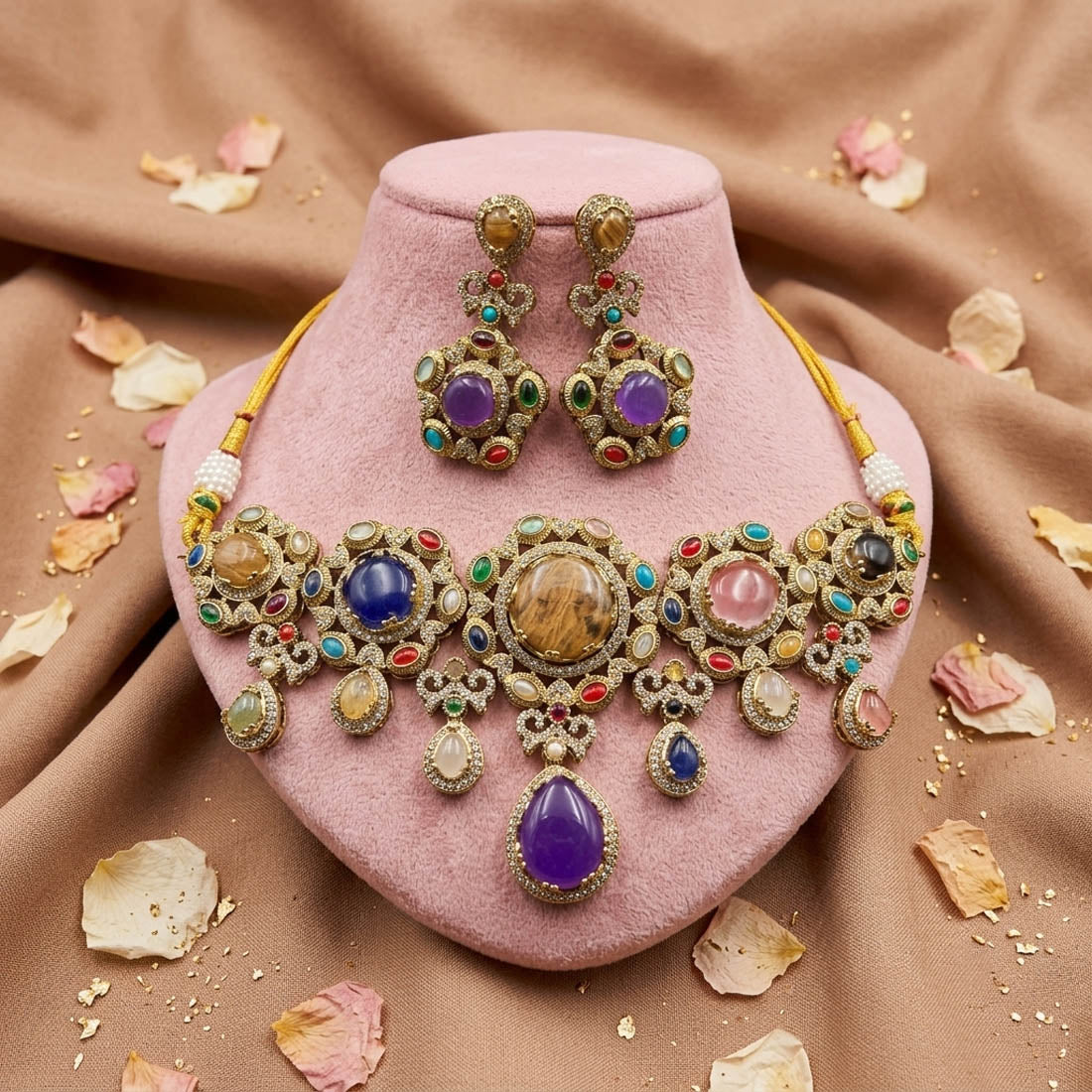 Ornate Indian Multi Color Sabyasachi Inspired Russian Stone Necklace Set For Celebrations
