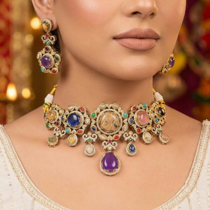 Ornate Indian Multi Color Sabyasachi Inspired Russian Stone Necklace Set For Celebrations