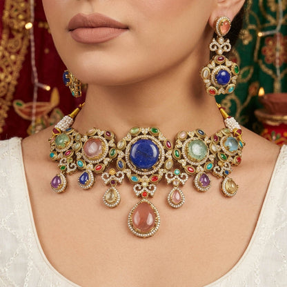 Imperial Style Multi Color Sabyasachi Inspired Russian Stone Necklace Set For Bridesmaids