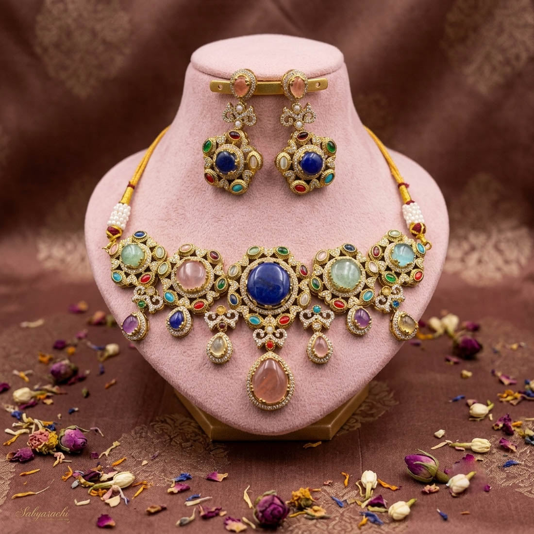 Imperial Style Multi Color Sabyasachi Inspired Russian Stone Necklace Set For Bridesmaids
