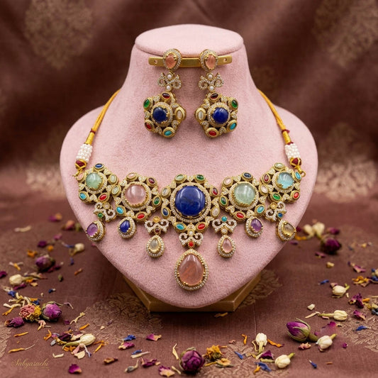 Imperial Style Multi Color Sabyasachi Inspired Russian Stone Necklace Set For Bridesmaids