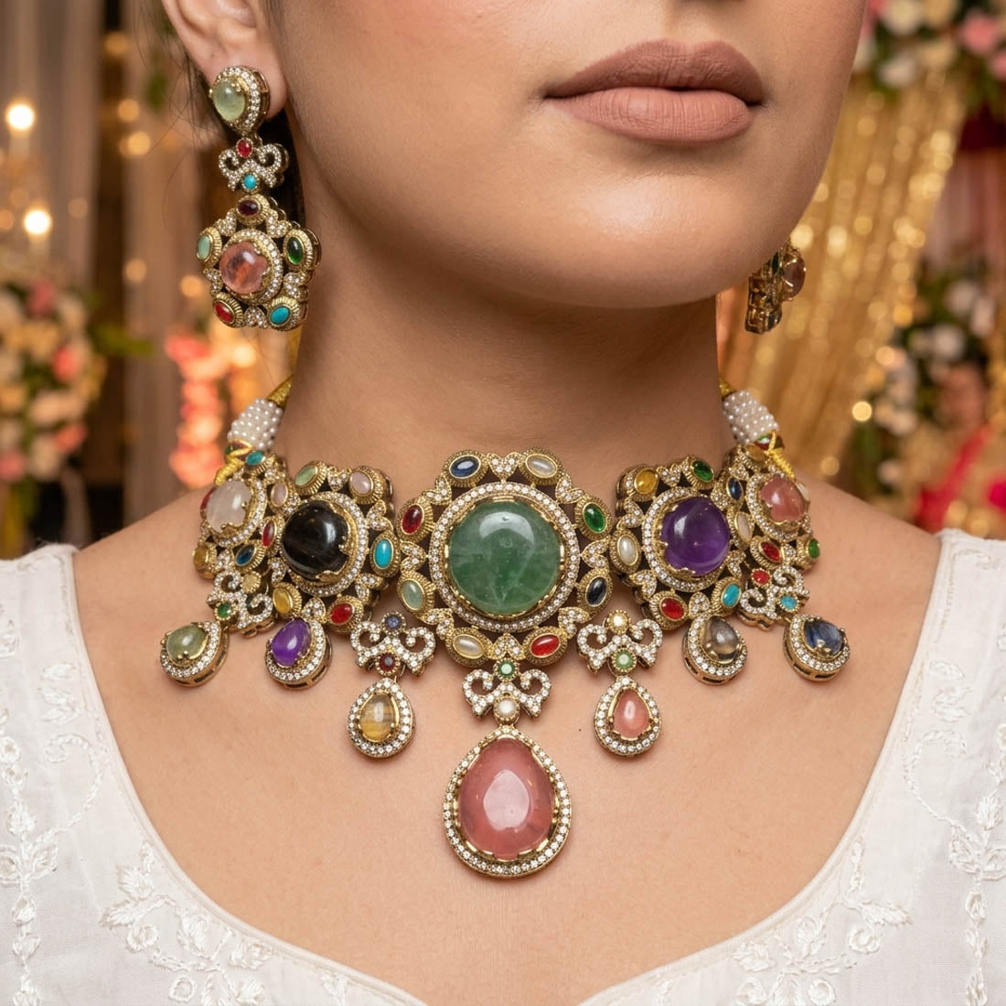 Chic Royal Multi Color Sabyasachi Inspired Russian Stone Necklace Set For Events