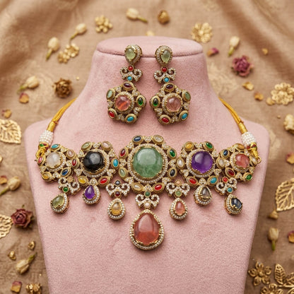 Chic Royal Multi Color Sabyasachi Inspired Russian Stone Necklace Set For Events