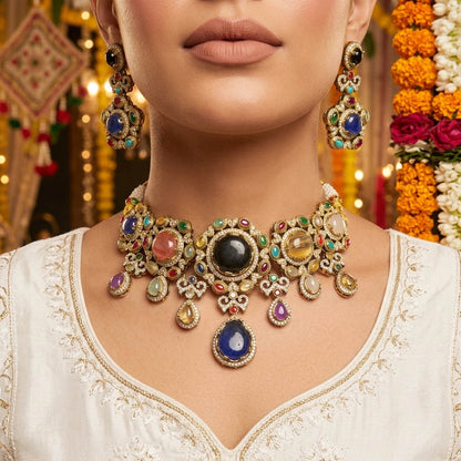 Dazzling Festive Multi Color Sabyasachi Inspired Russian Stone Necklace Set For Parties