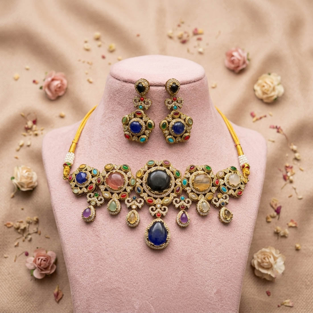 Dazzling Festive Multi Color Sabyasachi Inspired Russian Stone Necklace Set For Parties
