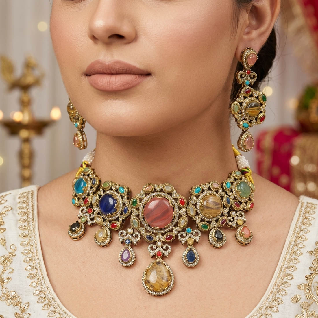 Luxurious Heavy Multi Color Sabyasachi Inspired Russian Stone Necklace Set For Bride