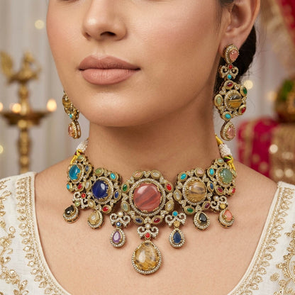 Luxurious Heavy Multi Color Sabyasachi Inspired Russian Stone Necklace Set For Bride