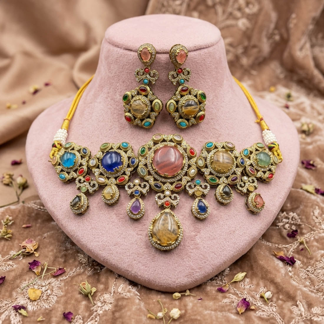 Luxurious Heavy Multi Color Sabyasachi Inspired Russian Stone Necklace Set For Bride