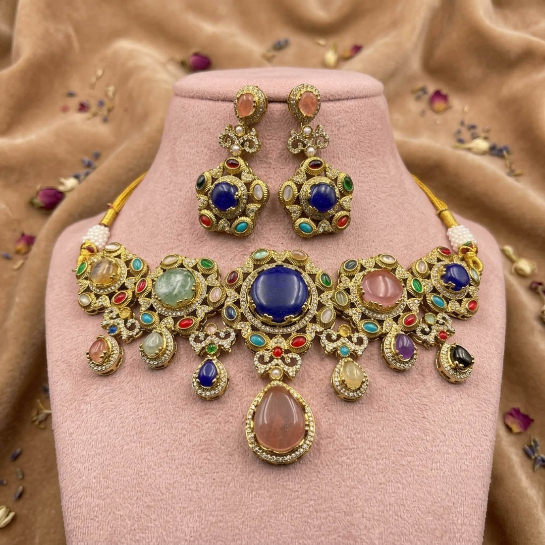 Unique Antique Multi Color Sabyasachi Inspired Russian Stone Necklace Set For Sangeet