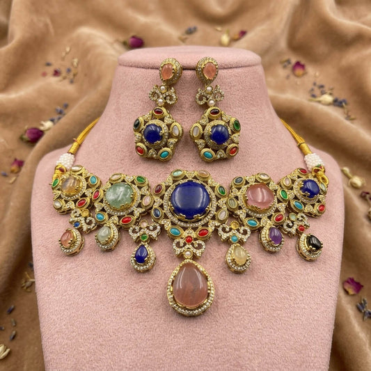 Unique Antique Multi Color Sabyasachi Inspired Russian Stone Necklace Set For Sangeet