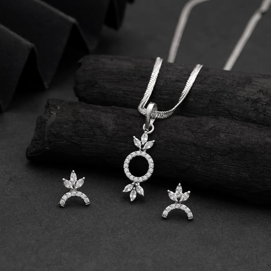 Dazzling Crystal Silver Color American Diamond Pendant Set For Bridal Receptions