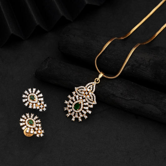 Lush Emerald Green Color American Diamond Pendant Set Specially Designed For Women