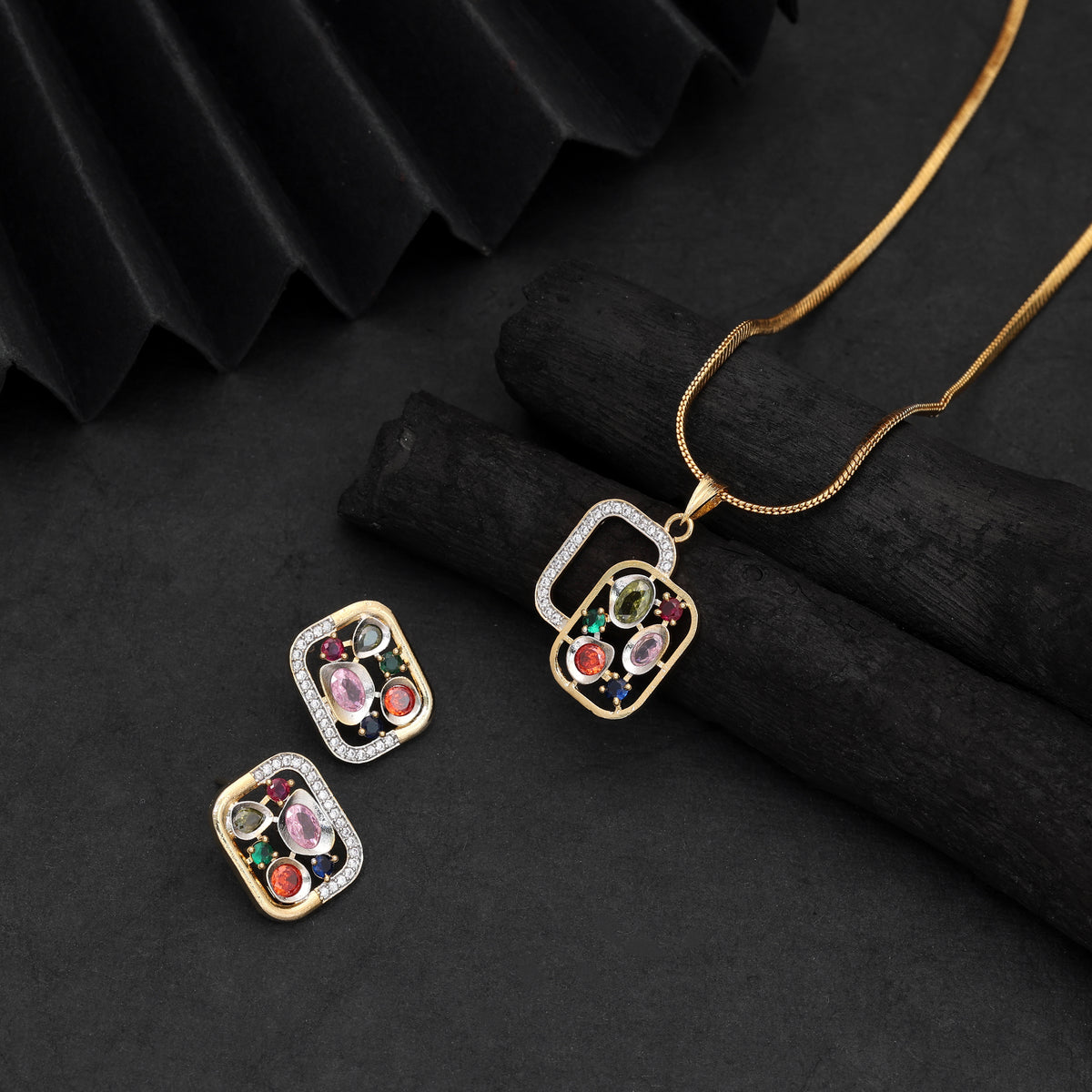 Playful Rainbow Multi Color American Diamond Pendant Set For Sangeet Night Parties