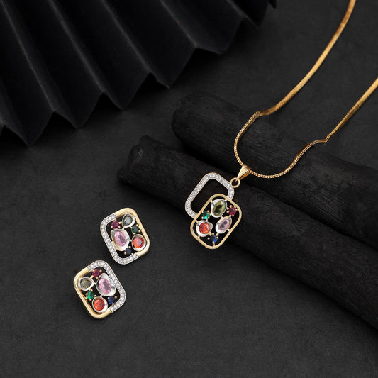 Playful Rainbow Multi Color American Diamond Pendant Set For Sangeet Night Parties
