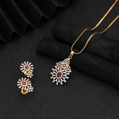 Vivid Hot Rani Color American Diamond Pendant Set For Traditional Festive Celebrations