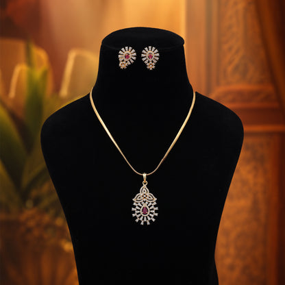 Vivid Hot Rani Color American Diamond Pendant Set For Traditional Festive Celebrations