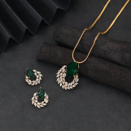 Rich Forest Green Color American Diamond Pendant Set Suitable For Ethnic Sarees