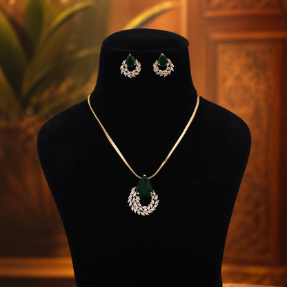 Rich Forest Green Color American Diamond Pendant Set Suitable For Ethnic Sarees
