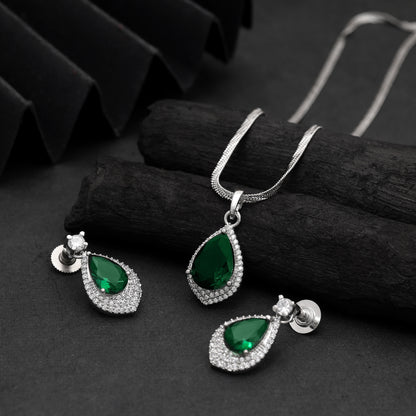 Vibrant Jade Green Color American Diamond Pendant Set Crafted For Special Gatherings