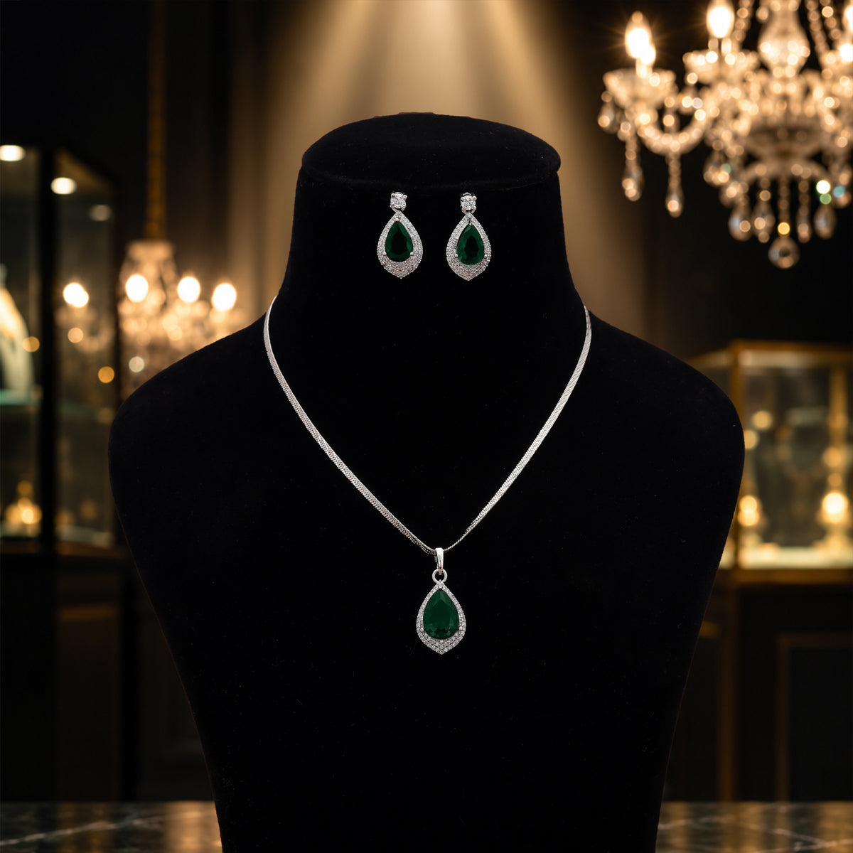 Vibrant Jade Green Color American Diamond Pendant Set Crafted For Special Gatherings