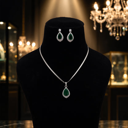 Vibrant Jade Green Color American Diamond Pendant Set Crafted For Special Gatherings