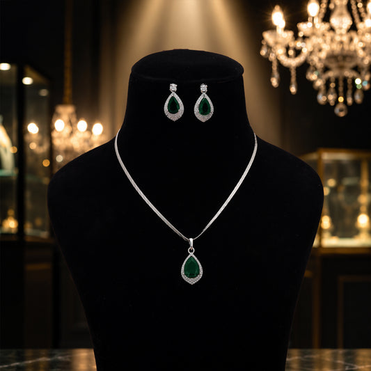 Vibrant Jade Green Color American Diamond Pendant Set Crafted For Special Gatherings