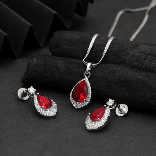 Classic Ruby Red Color American Diamond Pendant Set Perfect For Grand Occasions