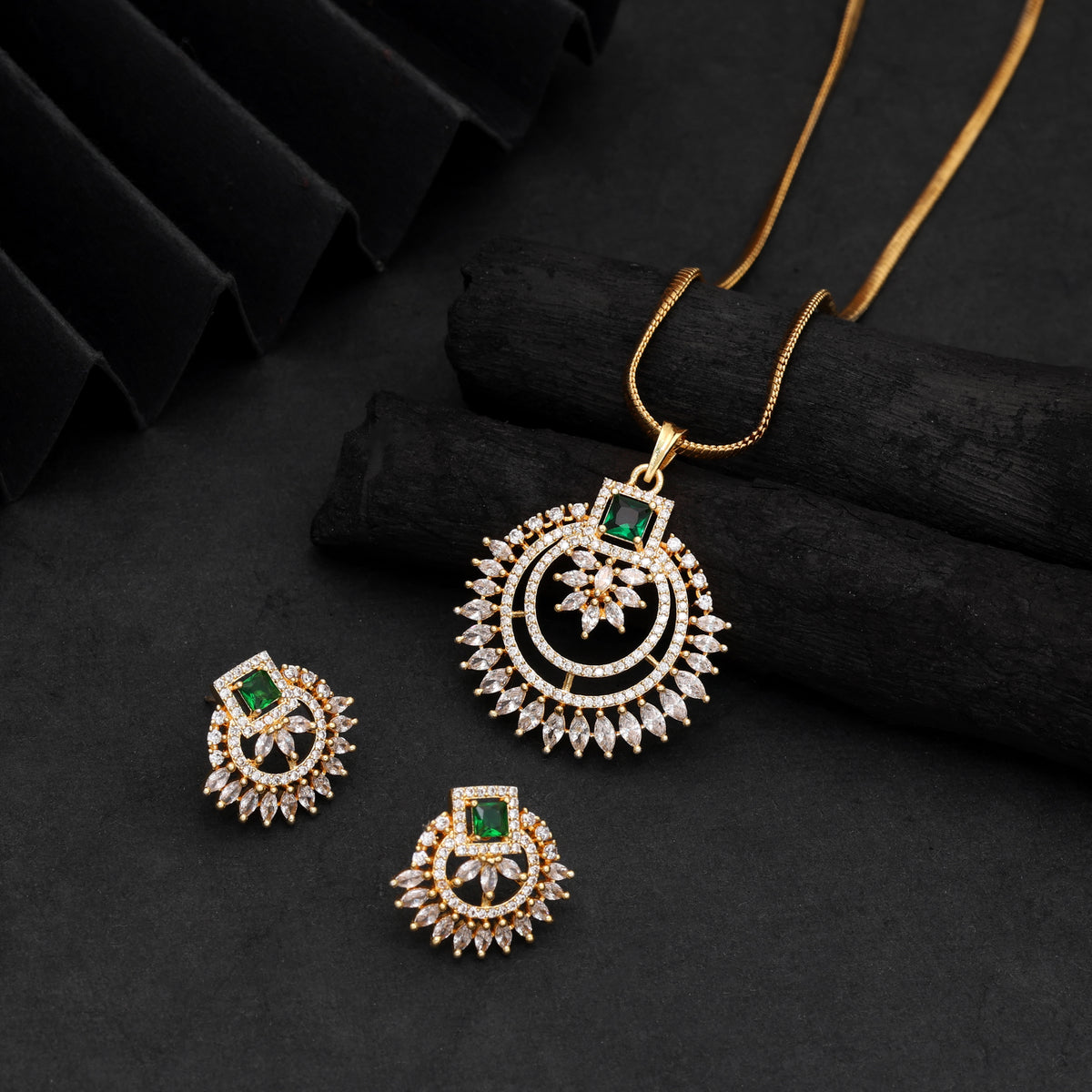 Elegant Royal Green Color American Diamond Pendant Set Styled For Wedding Guests