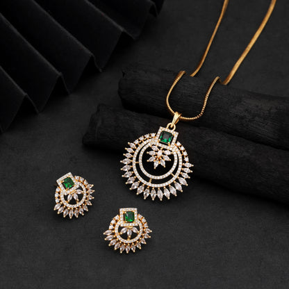 Elegant Royal Green Color American Diamond Pendant Set Styled For Wedding Guests