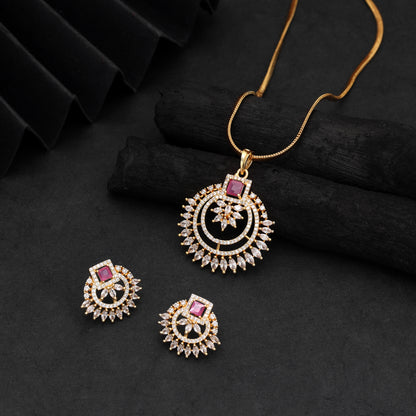 Charming Dark Rani Color American Diamond Pendant Set For Festive Party Wear