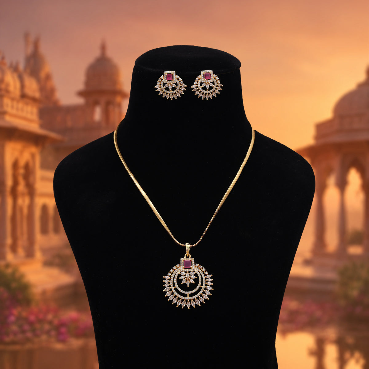 Charming Dark Rani Color American Diamond Pendant Set For Festive Party Wear