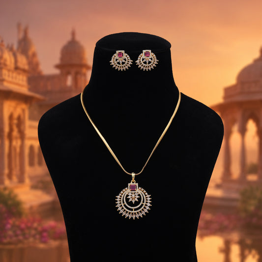 Charming Dark Rani Color American Diamond Pendant Set For Festive Party Wear