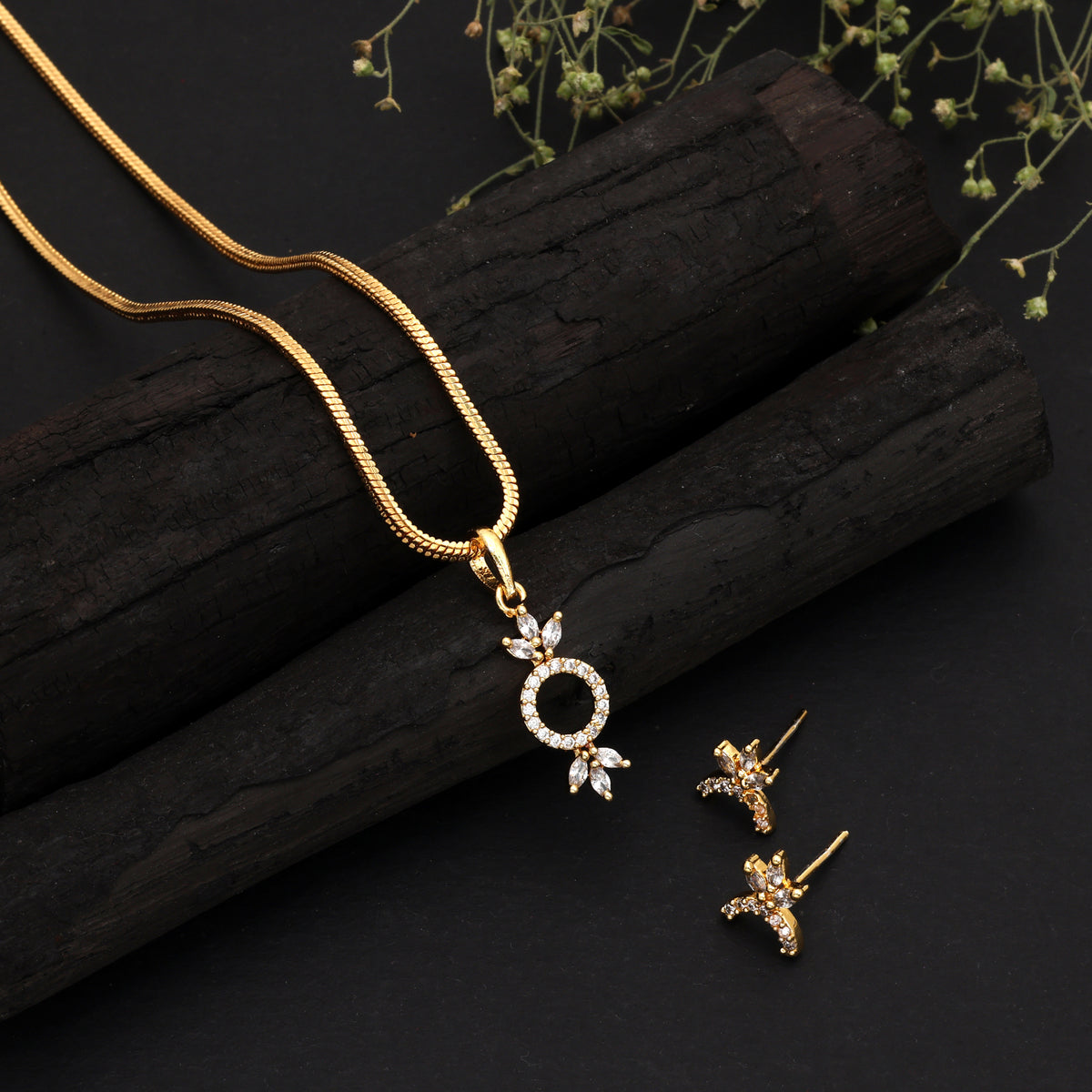 Radiant Metallic Gold Color American Diamond Pendant Set For Special Celebration Wear