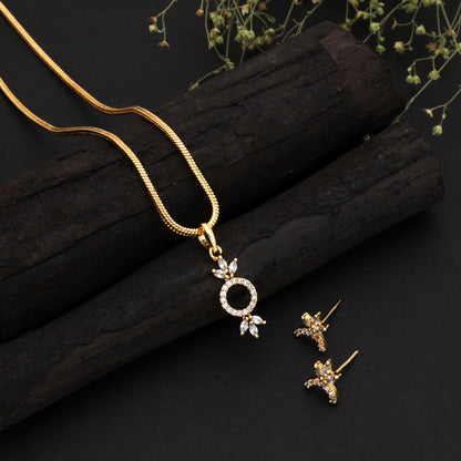 Radiant Metallic Gold Color American Diamond Pendant Set For Special Celebration Wear