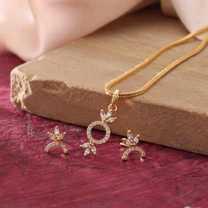 Radiant Metallic Gold Color American Diamond Pendant Set For Special Celebration Wear