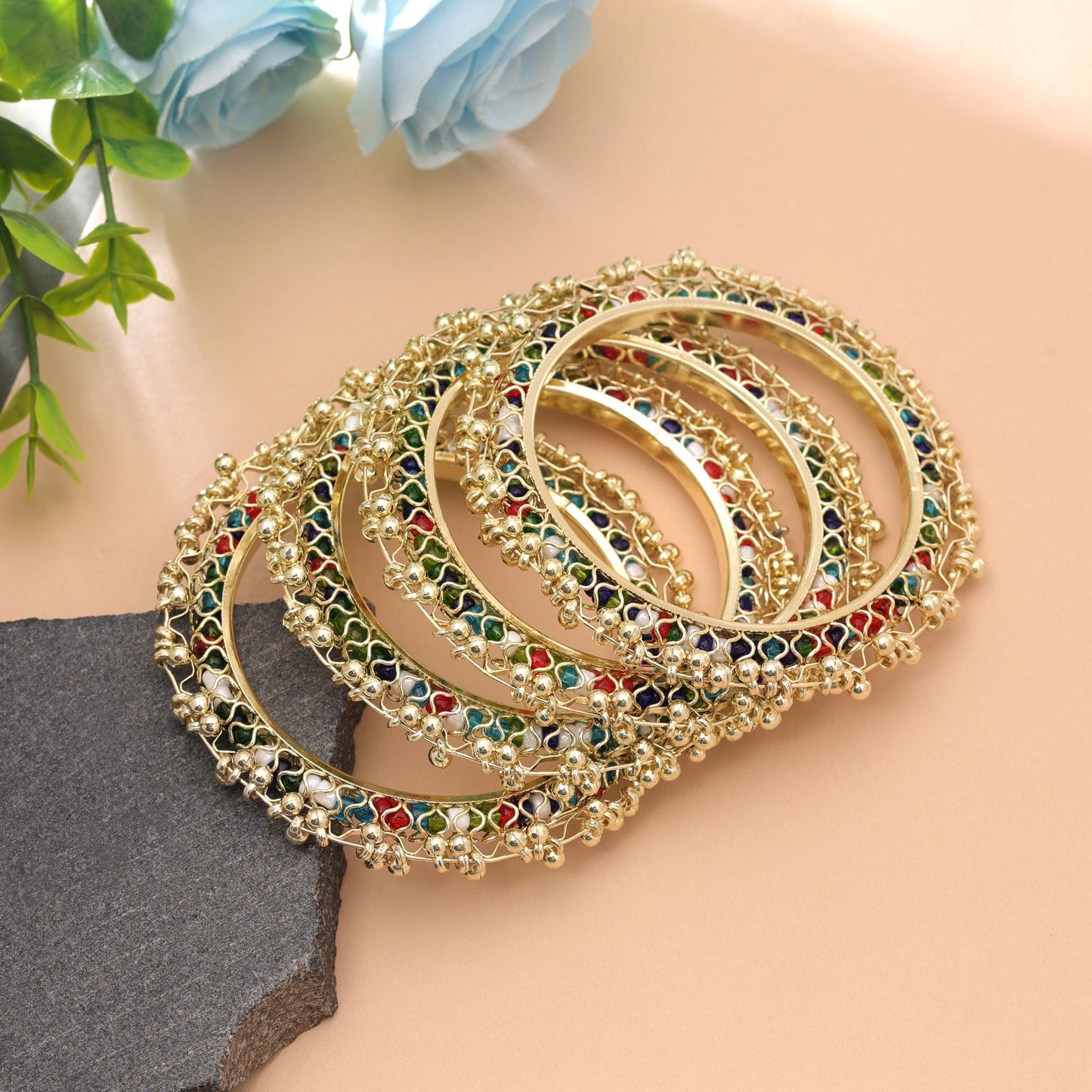 Gold Color Kashmiri Thread Bangle Set with Graceful Detailing for Special Occasion Wear