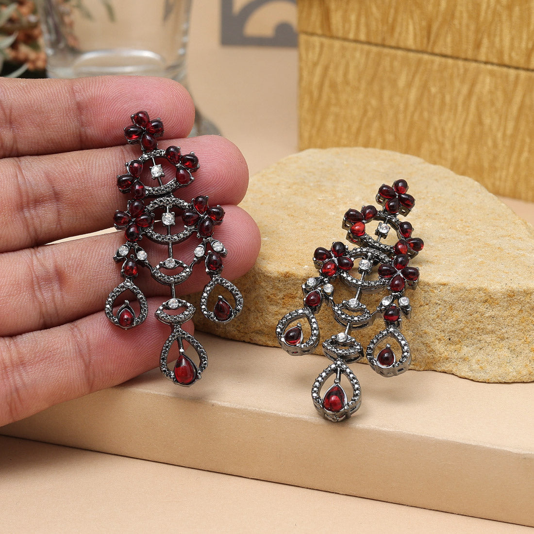 Orange Color Fashion Earrings With Mirror Work And Floral Design