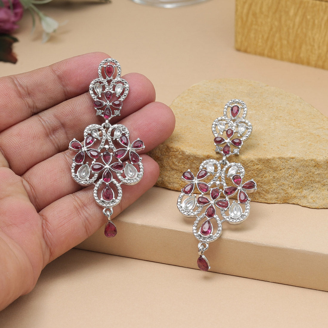 Magenta Color Fashion Earrings Designed For Ethnic Wear And Sarees