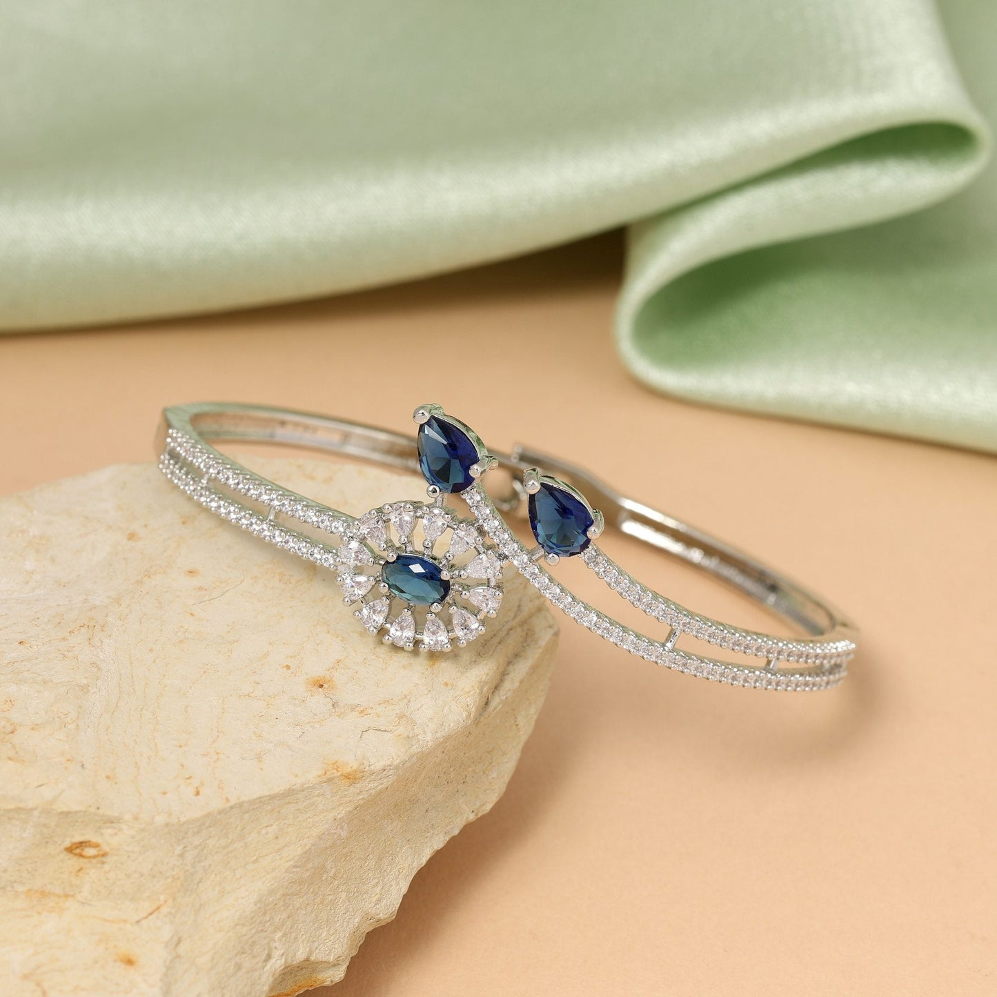 Blue Color Elegant Openable American Diamond Bracelet For Party And Festive Wear